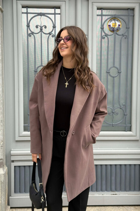 ONE COLOR SIMPLE BUTTONED WOMEN COAT VINEGAR/UTHULL - 4