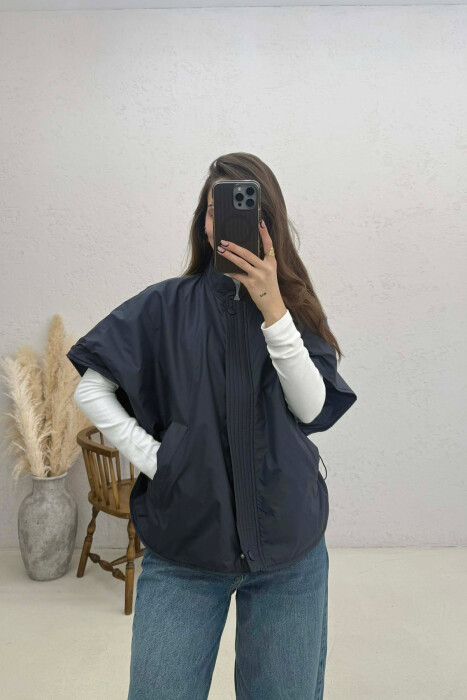 ONE COLOR SIMPLE CAPE WOMEN JACKET DARK BLUE/BEE 