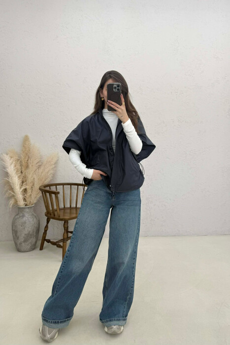 ONE COLOR SIMPLE CAPE WOMEN JACKET DARK BLUE/BEE - 4