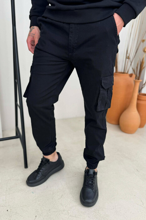 ONE COLOR SIMPLE CARGO MEN PANTS BLACK/ E ZEZE - KLAUDIO FASHION