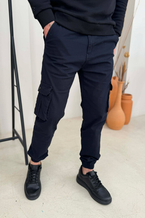 ONE COLOR SIMPLE CARGO MEN PANTS DARK BLUE/BEE - 1