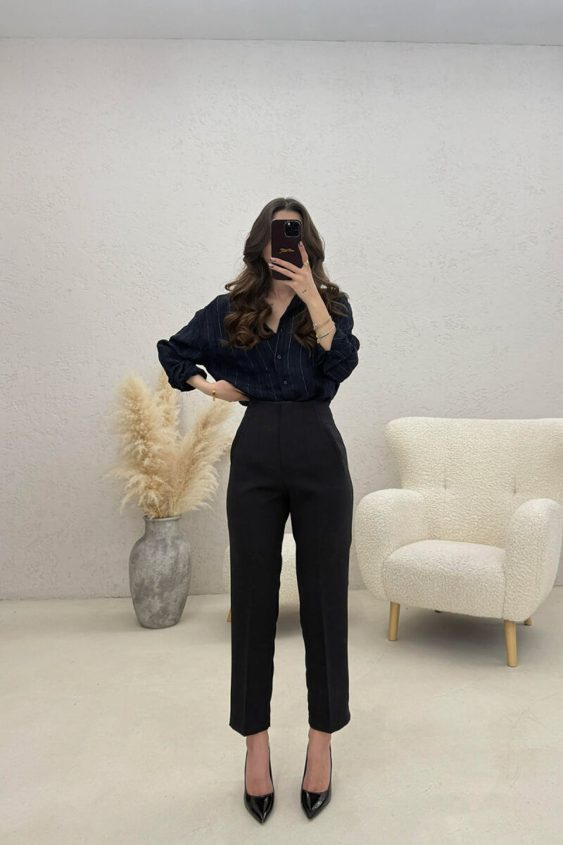 ONE COLOR SIMPLE CLASSIC WOMAN TROUSERS DARK BLUE/BEE - 1