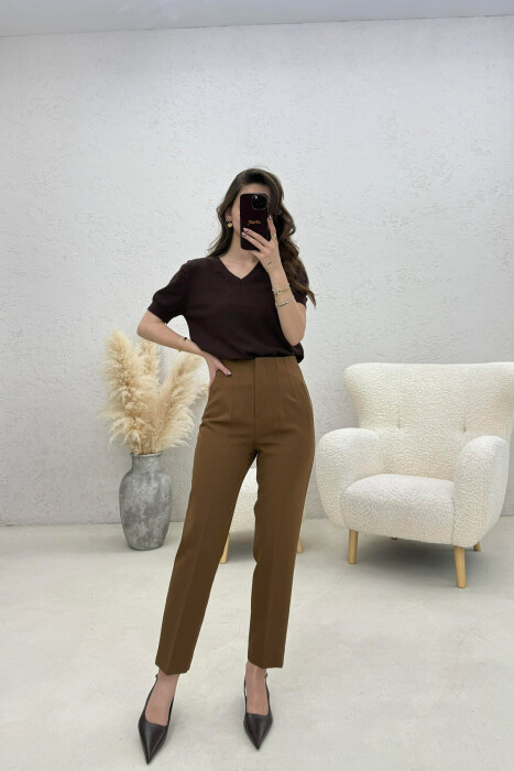 ONE COLOR SIMPLE CLASSIC WOMAN TROUSERS LIGHT BROWN/KAZB - 4