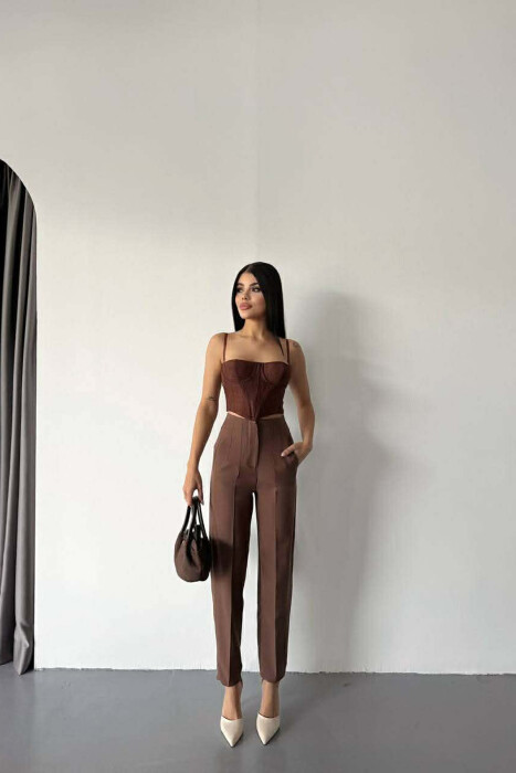 ONE COLOR SIMPLE CLASSIC WOMEN TROUSERS BROWN/KAFE - 1
