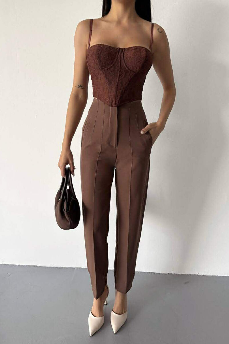 ONE COLOR SIMPLE CLASSIC WOMEN TROUSERS BROWN/KAFE - 2