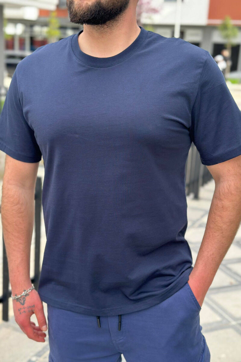 ONE COLOR SIMPLE COTTON MEN T-SHIRT NAVY BLUE/BLU MARINE - 3