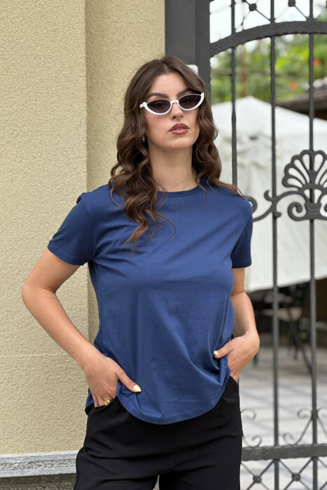ONE COLOR SIMPLE COTTON WOMEN T-SHIRT DARK BLUE/BEE 