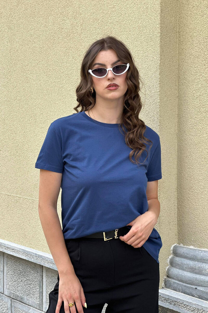 ONE COLOR SIMPLE COTTON WOMEN T-SHIRT DARK BLUE/BEE - 3