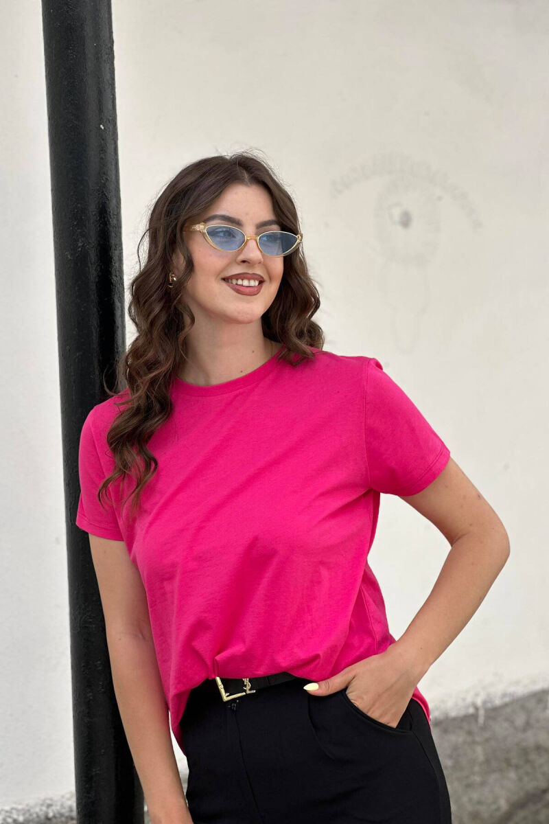 ONE COLOR SIMPLE COTTON WOMEN T-SHIRT FUCHSIA/CIKLAMI - 1