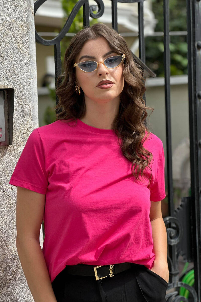 ONE COLOR SIMPLE COTTON WOMEN T-SHIRT FUCHSIA/CIKLAMI - 3