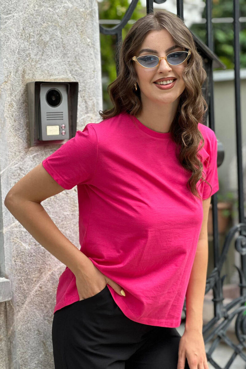 ONE COLOR SIMPLE COTTON WOMEN T-SHIRT FUCHSIA/CIKLAMI - 5
