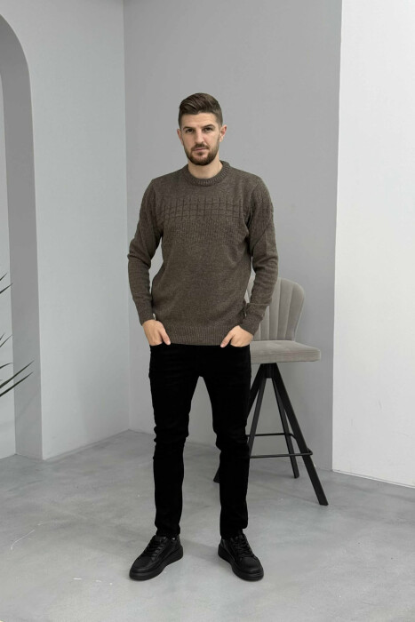 ONE COLOR SIMPLE DESIGN MEN SWEATER DARK BROWN/KAE - 2