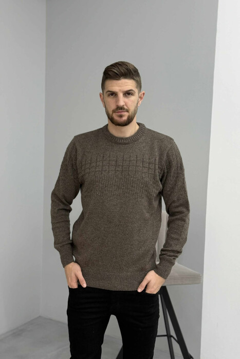 ONE COLOR SIMPLE DESIGN MEN SWEATER DARK BROWN/KAE - 3