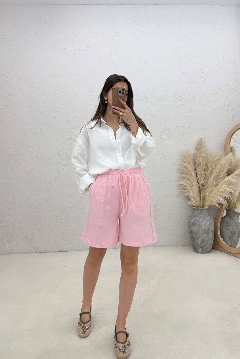 ONE COLOR SIMPLE ELASTIC WAIST WOMAN SHORTS PINK/ROZE - KLAUDIO FASHION