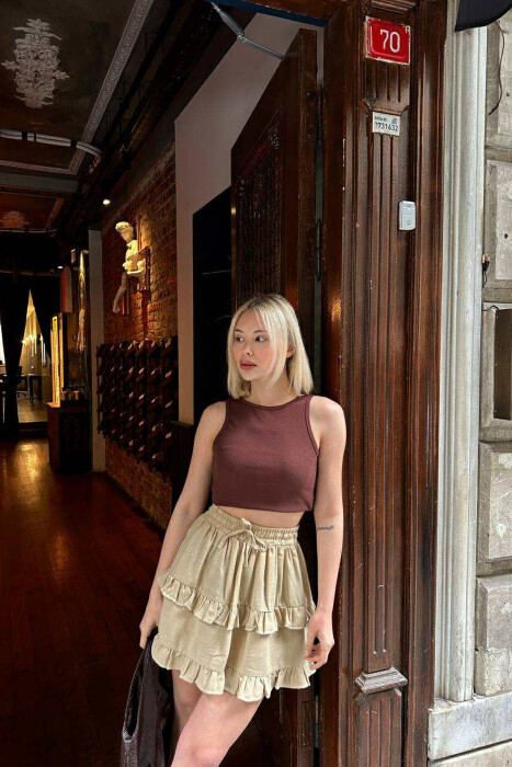 ONE COLOR SIMPLE ELASTIC WAIST WOMEN SKIRT BEIGE/BEZHE 