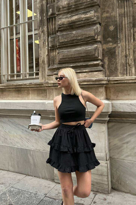 ONE COLOR SIMPLE ELASTIC WAIST WOMEN SKIRT BLACK/ E ZEZE 