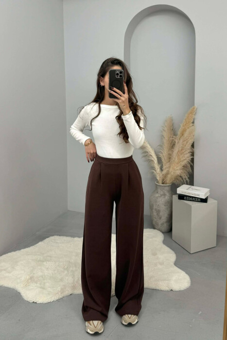 ONE COLOR SIMPLE ELASTIC WAIST WOMEN SWEATPANTS BROWN/KAFE - KLAUDIO FASHION