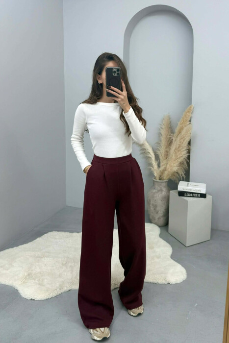 ONE COLOR SIMPLE ELASTIC WAIST WOMEN SWEATPANTS BURGUNDY/VISHNJE - KLAUDIO FASHION