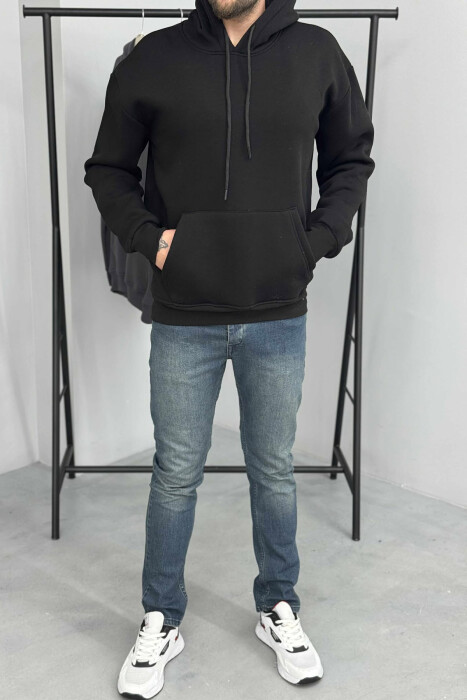 ONE COLOR SIMPLE FLUFFY MEN HOODIE BLACK/ E ZEZE 