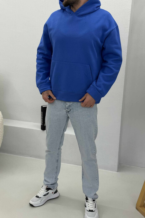 ONE COLOR SIMPLE FLUFFY MEN HOODIE BLUE/BLU - 1