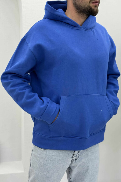 ONE COLOR SIMPLE FLUFFY MEN HOODIE BLUE/BLU - 2