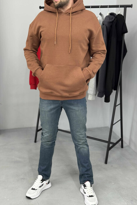 ONE COLOR SIMPLE FLUFFY MEN HOODIE BROWN/KAFE 