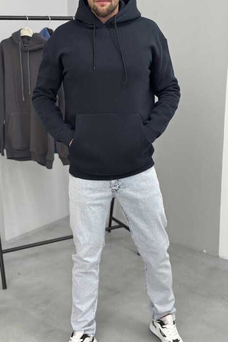 ONE COLOR SIMPLE FLUFFY MEN HOODIE DARK BLUE/BEE - KLAUDIO FASHION
