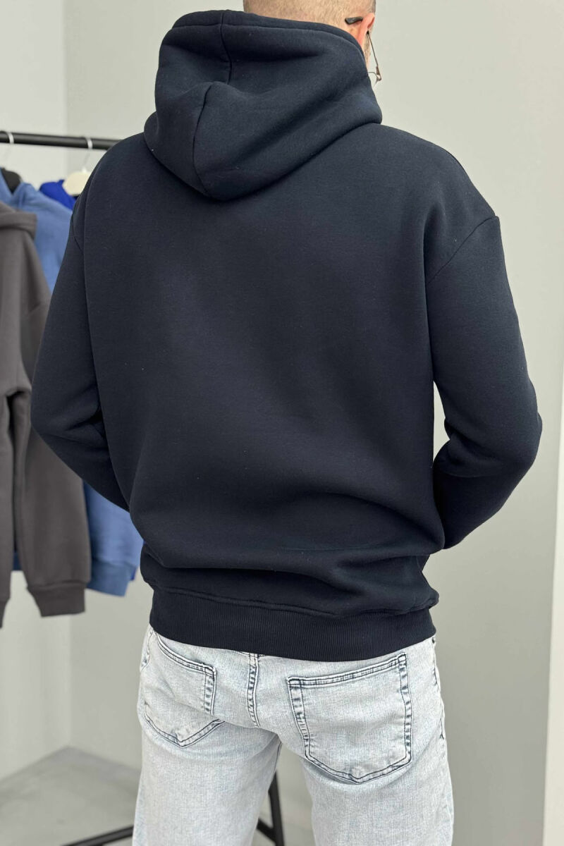 ONE COLOR SIMPLE FLUFFY MEN HOODIE DARK BLUE/BEE - 3