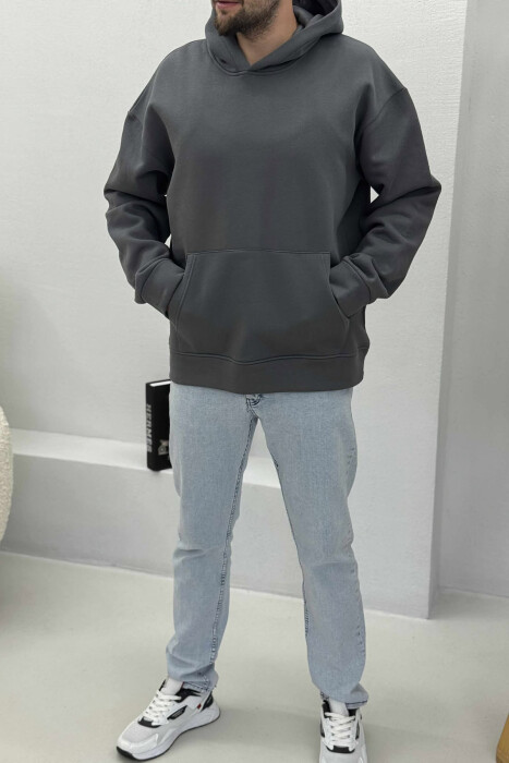 ONE COLOR SIMPLE FLUFFY MEN HOODIE DARK GREY/GEE - KLAUDIO FASHION