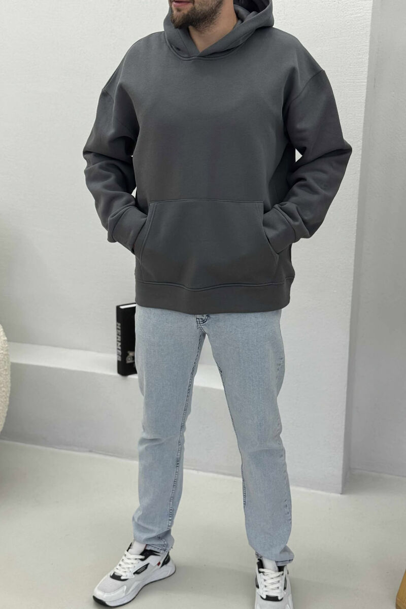 ONE COLOR SIMPLE FLUFFY MEN HOODIE DARK GREY/GEE - 1