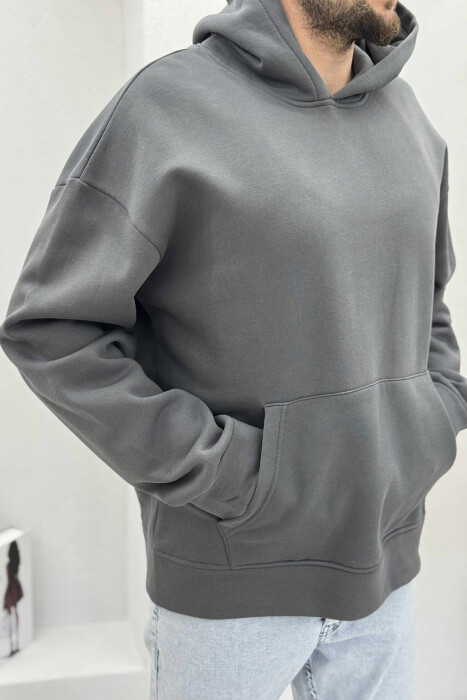 ONE COLOR SIMPLE FLUFFY MEN HOODIE DARK GREY/GEE - 4