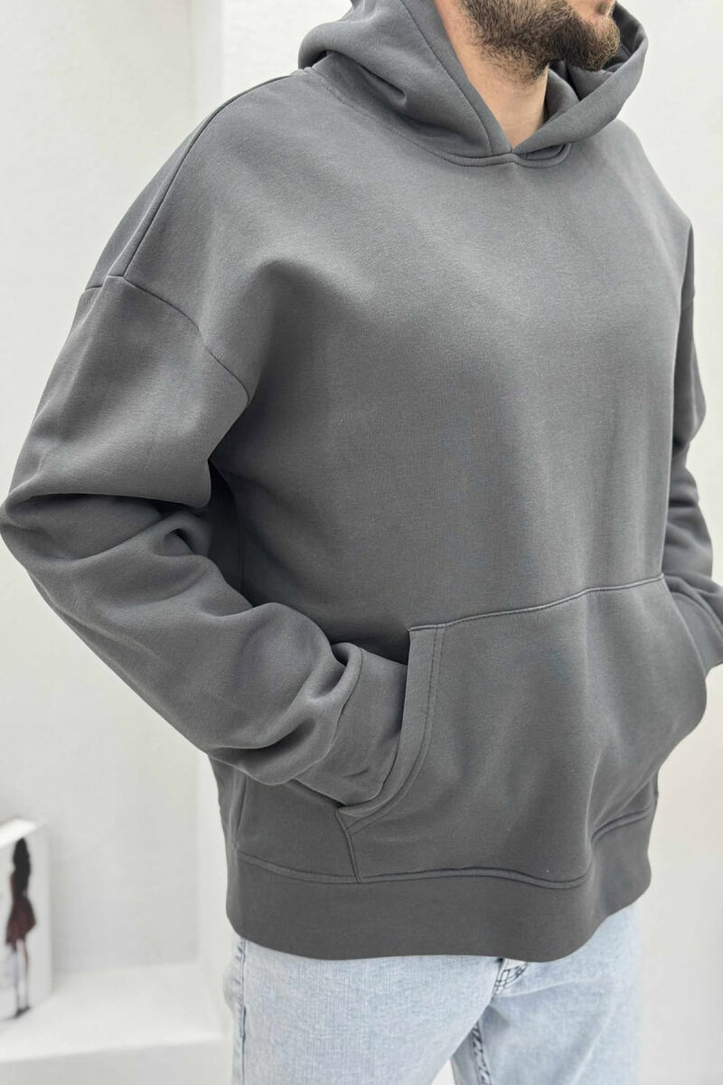 ONE COLOR SIMPLE FLUFFY MEN HOODIE DARK GREY/GEE - 4