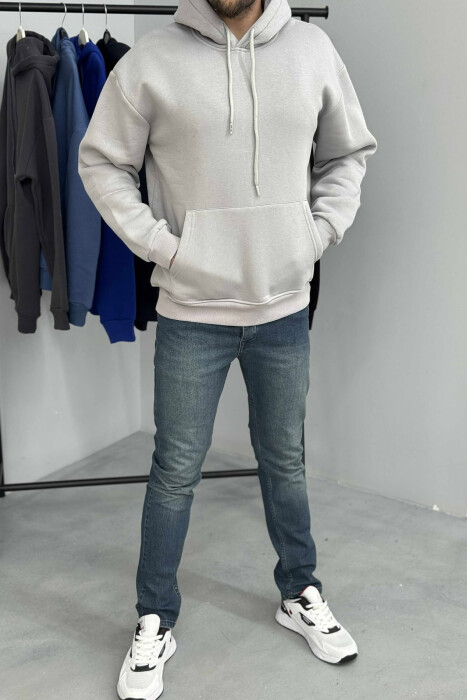 ONE COLOR SIMPLE FLUFFY MEN HOODIE GREY/GRI 