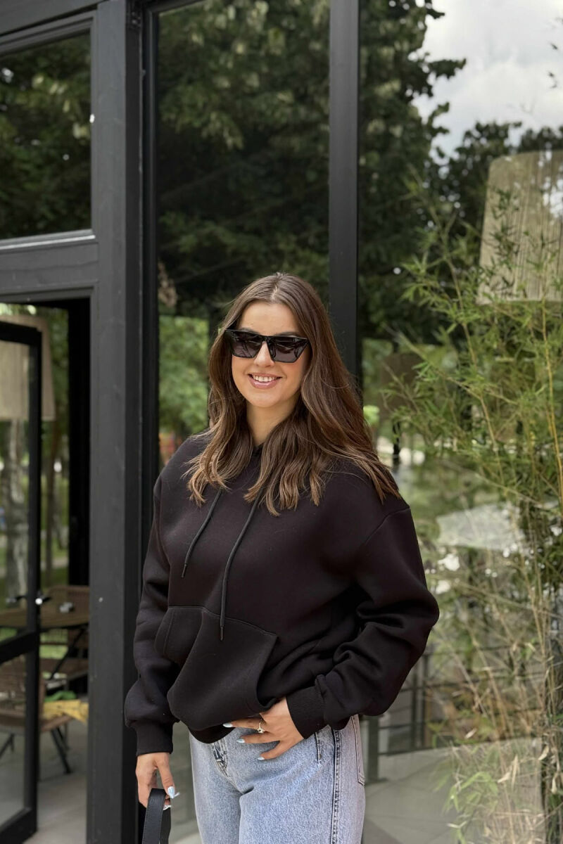 ONE COLOR SIMPLE FLUFFY WOMEN HOODIE BLACK/ E ZEZE - 2