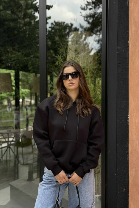 ONE COLOR SIMPLE FLUFFY WOMEN HOODIE BLACK/ E ZEZE 