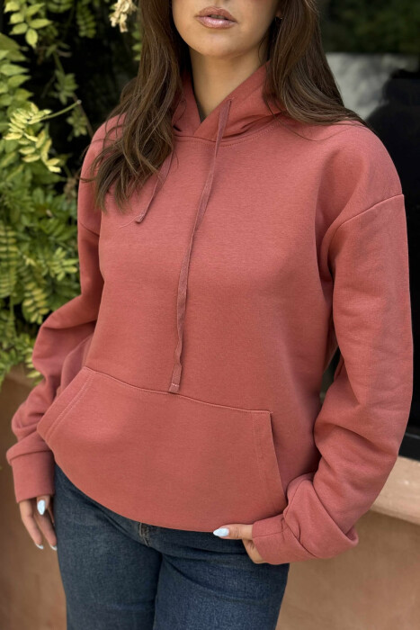 ONE COLOR SIMPLE FLUFFY WOMEN HOODIE BRICK/TULLE - 4