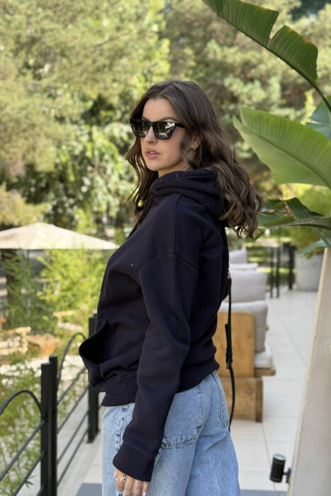 ONE COLOR SIMPLE FLUFFY WOMEN HOODIE DARK BLUE/BEE - 4