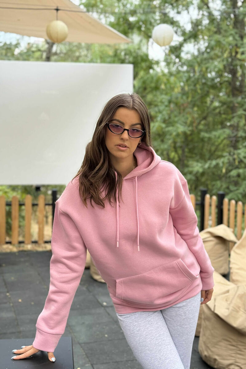 ONE COLOR SIMPLE FLUFFY WOMEN HOODIE PINK/ROZE - 1