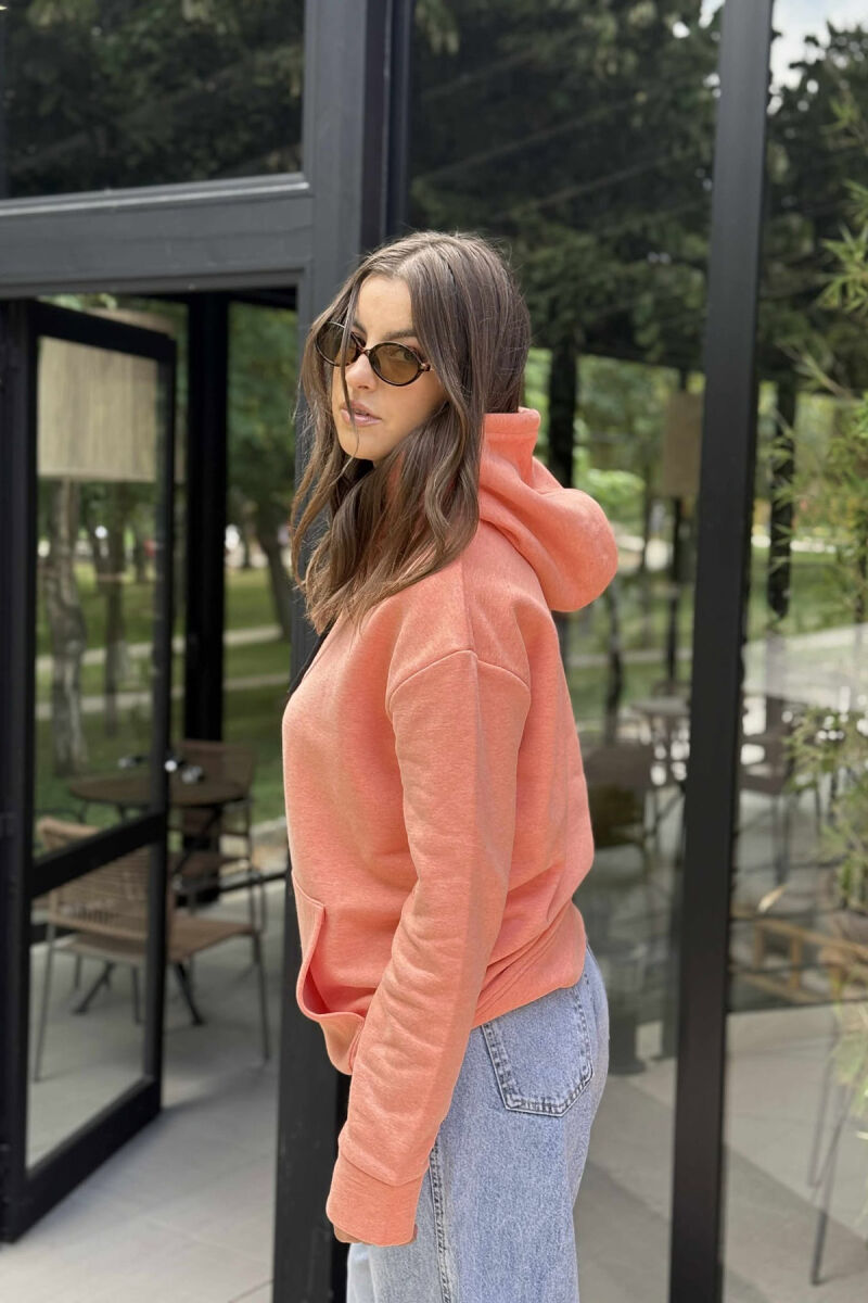 ONE COLOR SIMPLE FLUFFY WOMEN HOODIE SALMON/SALMON - 4