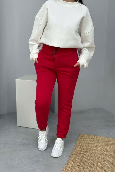 ONE COLOR SIMPLE FLUFFY WOMEN JOGGERS RED/E KUQE 