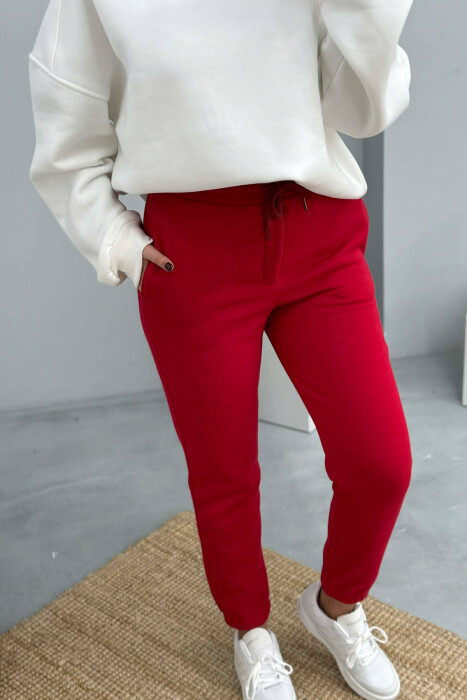 ONE COLOR SIMPLE FLUFFY WOMEN JOGGERS RED/E KUQE - 5