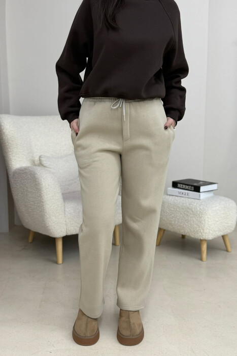 ONE COLOR SIMPLE FLUFFY WOMEN SWEATPANTS BEIGE/BEZHE - KLAUDIO FASHION