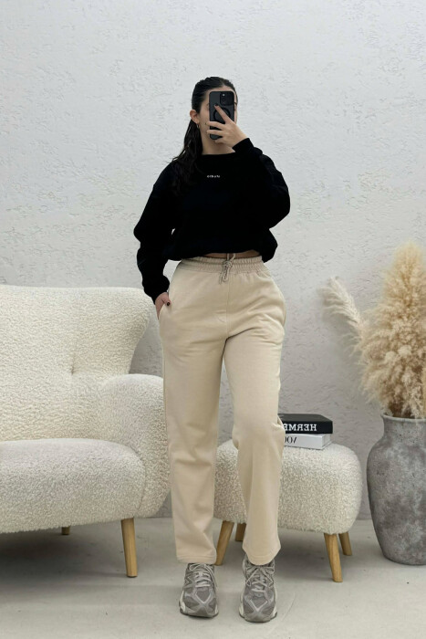 ONE COLOR SIMPLE FLUFFY WOMEN SWEATPANTS LIGHT BEIGE/BZHZB - 1
