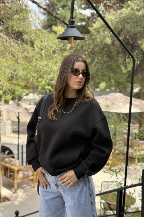 ONE COLOR SIMPLE FLUFFY WOMEN SWEATSHIRT BLACK/ E ZEZE - 3