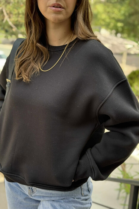 ONE COLOR SIMPLE FLUFFY WOMEN SWEATSHIRT BLACK/ E ZEZE - 1