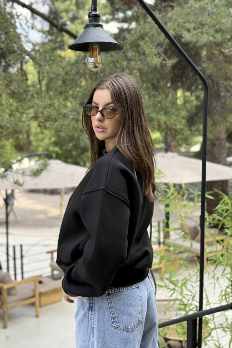 ONE COLOR SIMPLE FLUFFY WOMEN SWEATSHIRT BLACK/ E ZEZE - 4