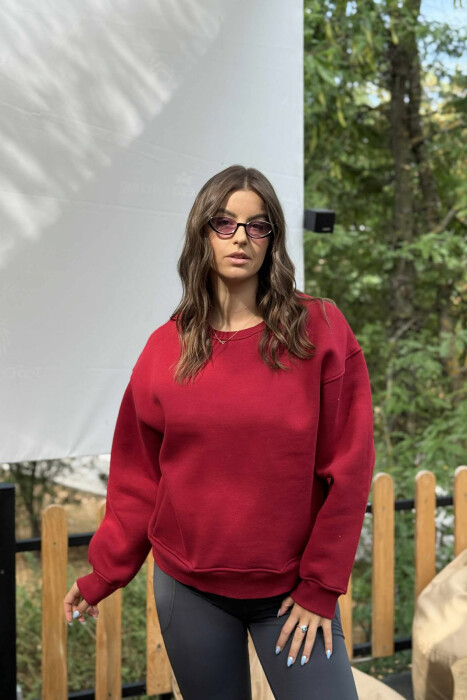 ONE COLOR SIMPLE FLUFFY WOMEN SWEATSHIRT BURGUNDY/VISHNJE 
