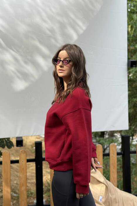 ONE COLOR SIMPLE FLUFFY WOMEN SWEATSHIRT BURGUNDY/VISHNJE - 4