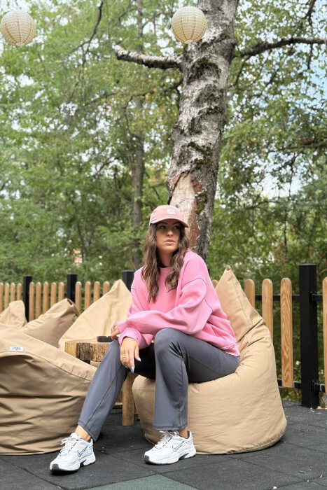 ONE COLOR SIMPLE FLUFFY WOMEN SWEATSHIRT PINK/ROZE - 4