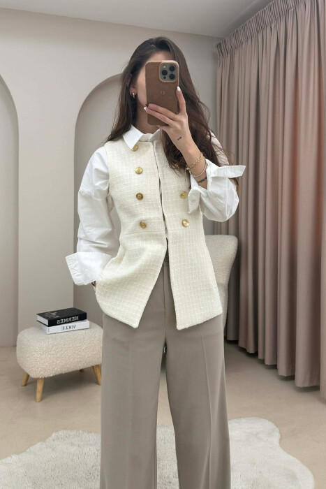 ONE COLOR SIMPLE GOLD BUTTONS DETAIL WOMEN VEST CREAM/KREM - KLAUDIO FASHION